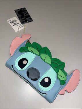 Loungefly Blue Stitch Face Wallet w/Pink Ears and Green Leaf Accent NWT